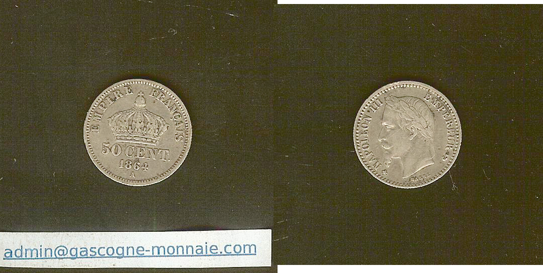 50 centimes Napoléon III tête laurée 1864 A Paris TTB à TTB+